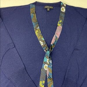 J. Crew x Abigail Borg Blue V-Neck Sweater with Floral Trim - 100% Merino Wool